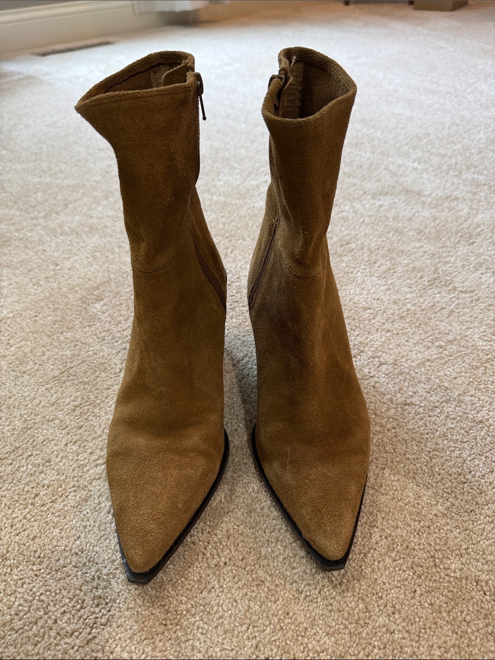 Zara Medium Tan Suede Pointed-Toe Ankle Boots